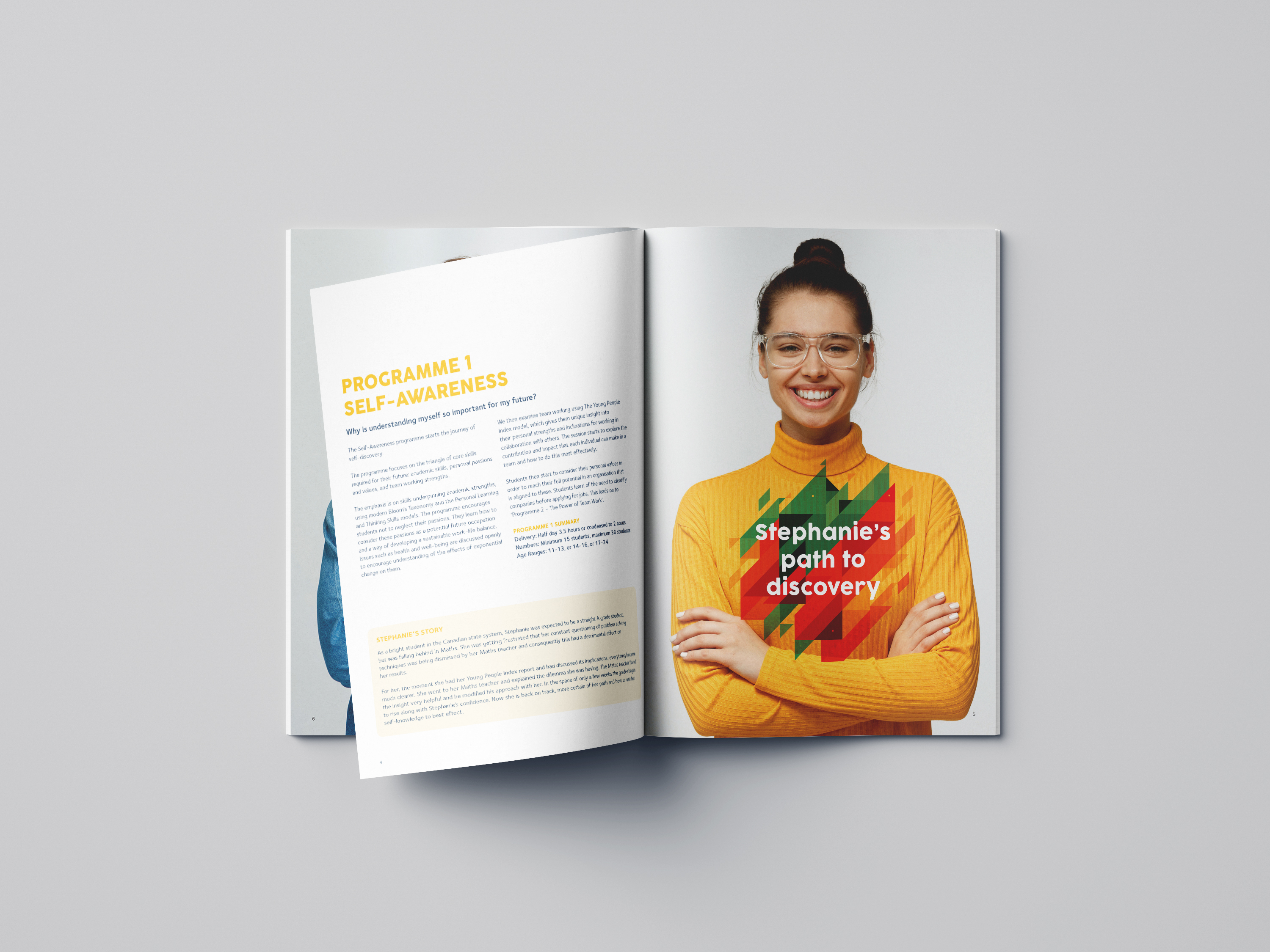YPI brochure pages with young girl smiling